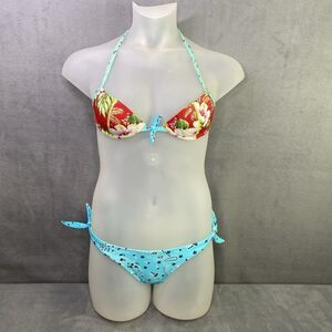 Cia.Maritima 2-pc Bikini Blue Bandana Red Tropical Side Tie Brazilian